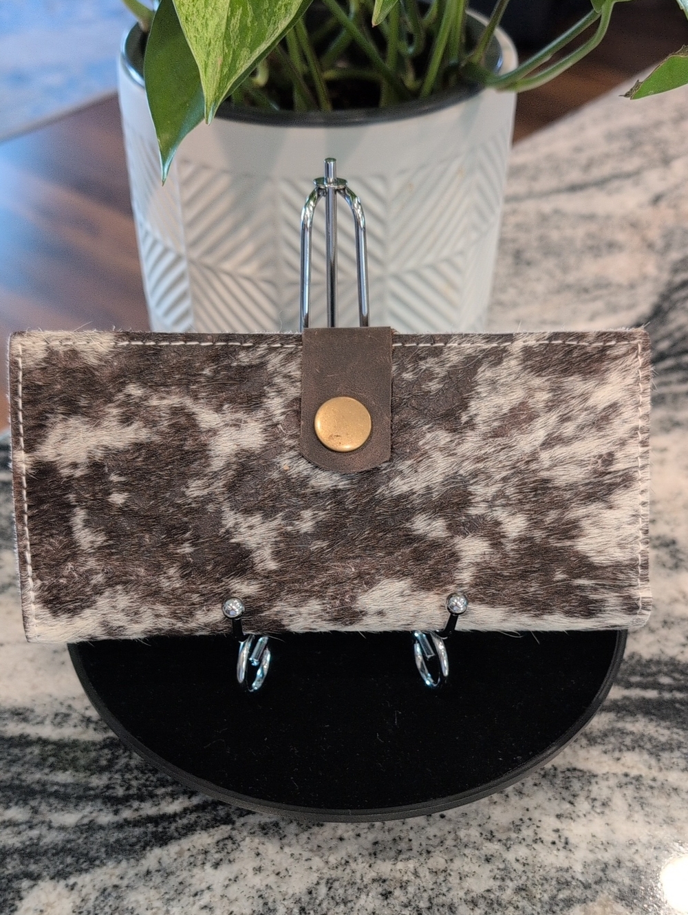 Cowhide-Pattern Faux Leather Wallet in Brown & White with Snap Closure